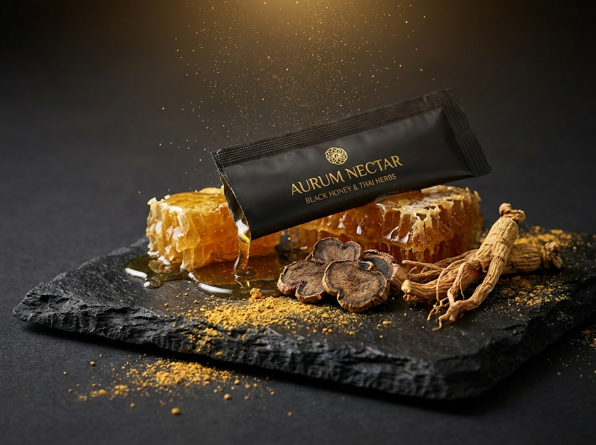 Royal Thai Black Honey — boîte et sachets avec plantes médicinales thaïlandaises
